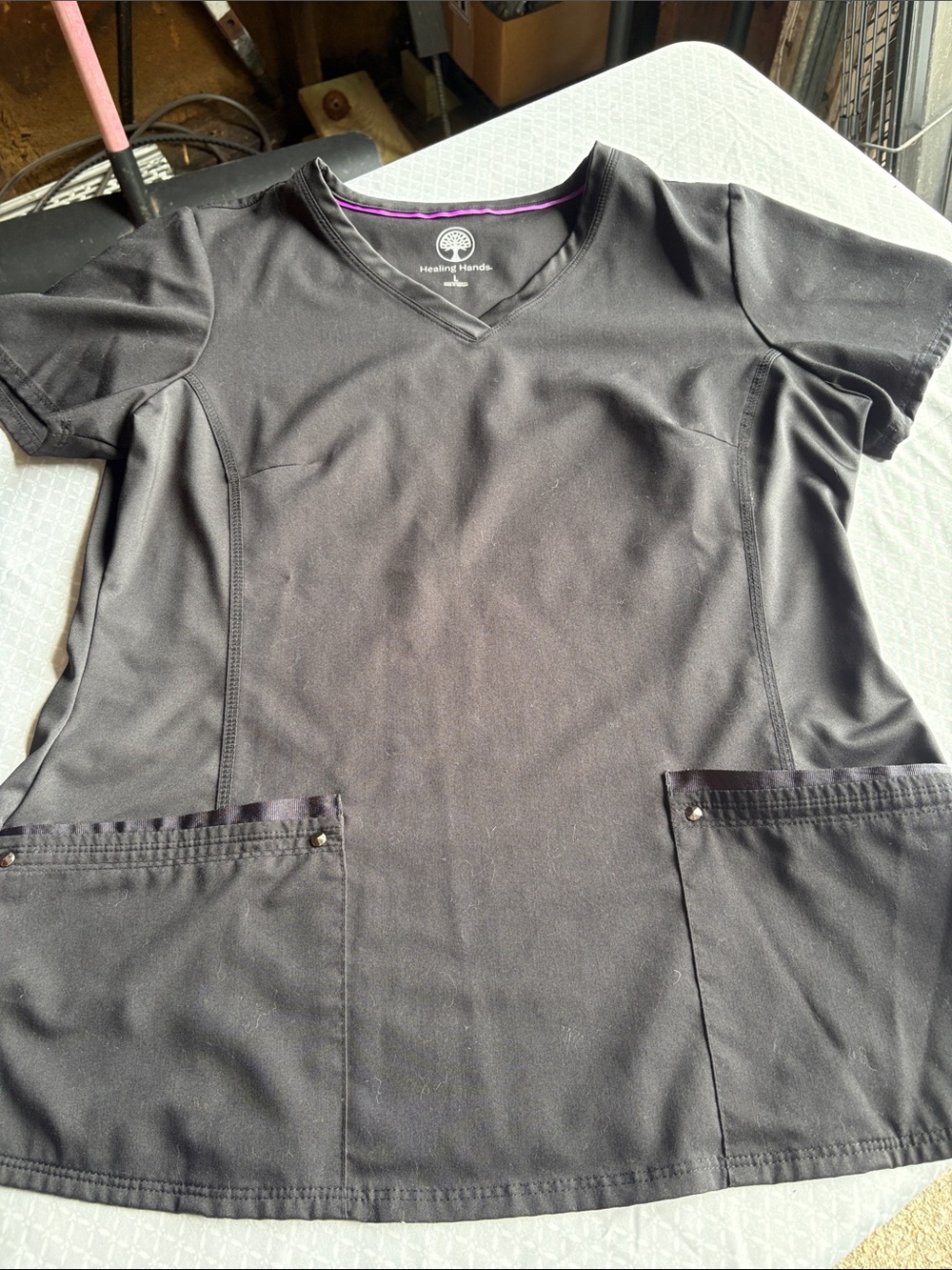 Healing Hands Juliet Black V-Neck Scrub Top with Purple Trim